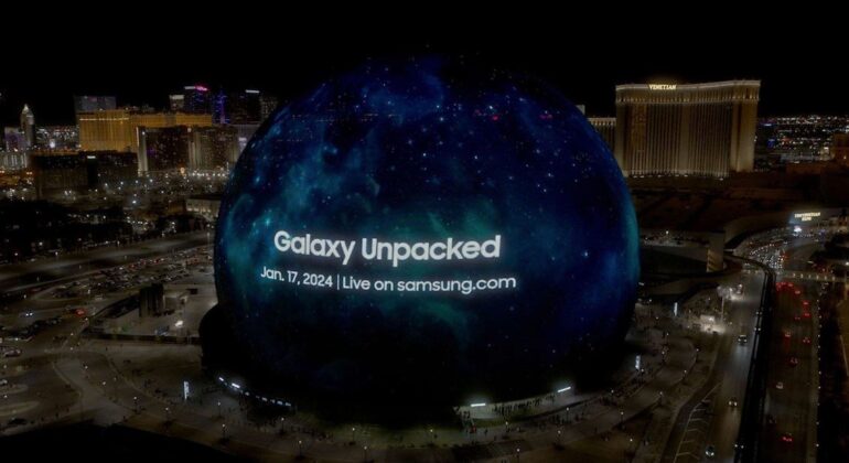 On January 8, 2024, Samsung Electronics unveils the digital teaser film for Galaxy Unpacked at the renowned Sphere in Las Vegas.